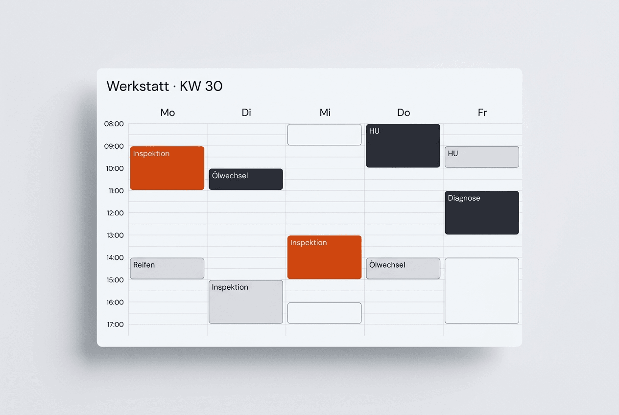 Wochenansicht der Werkstatt-Belegung mit Terminen von Montag bis Freitag