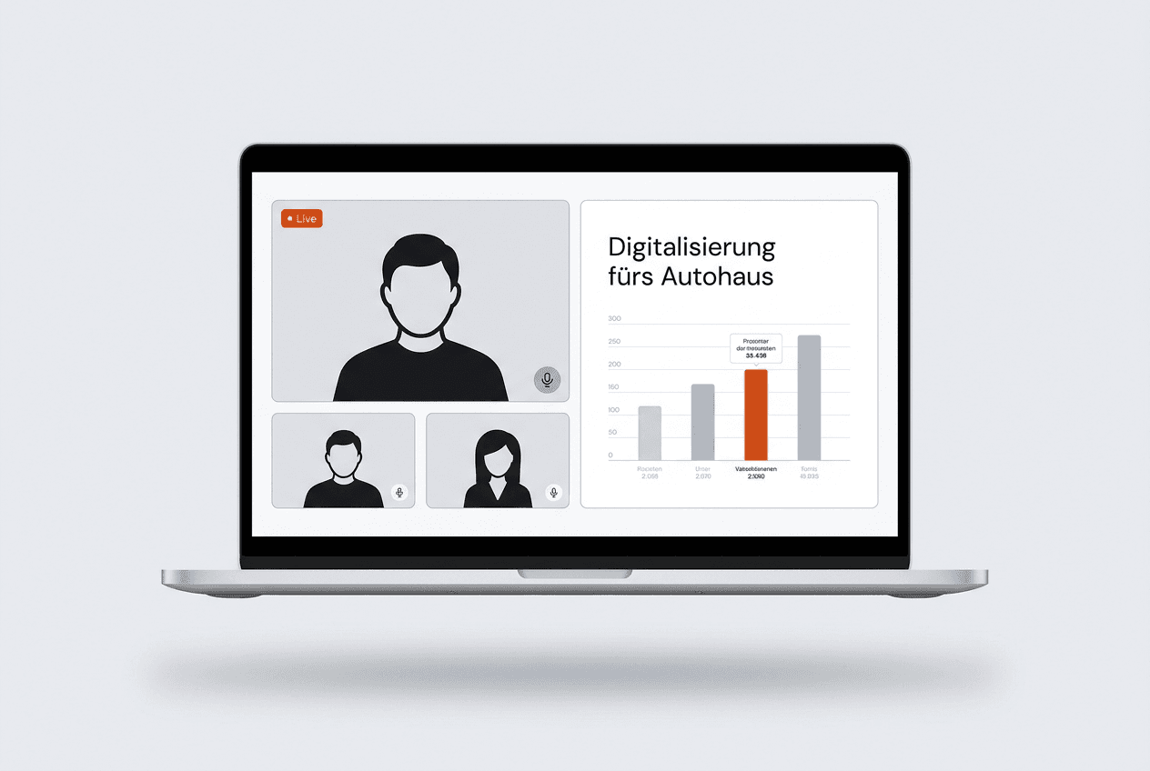 Laptop mit laufender Online-Fragestunde „Digitalisierung fürs Autohaus“